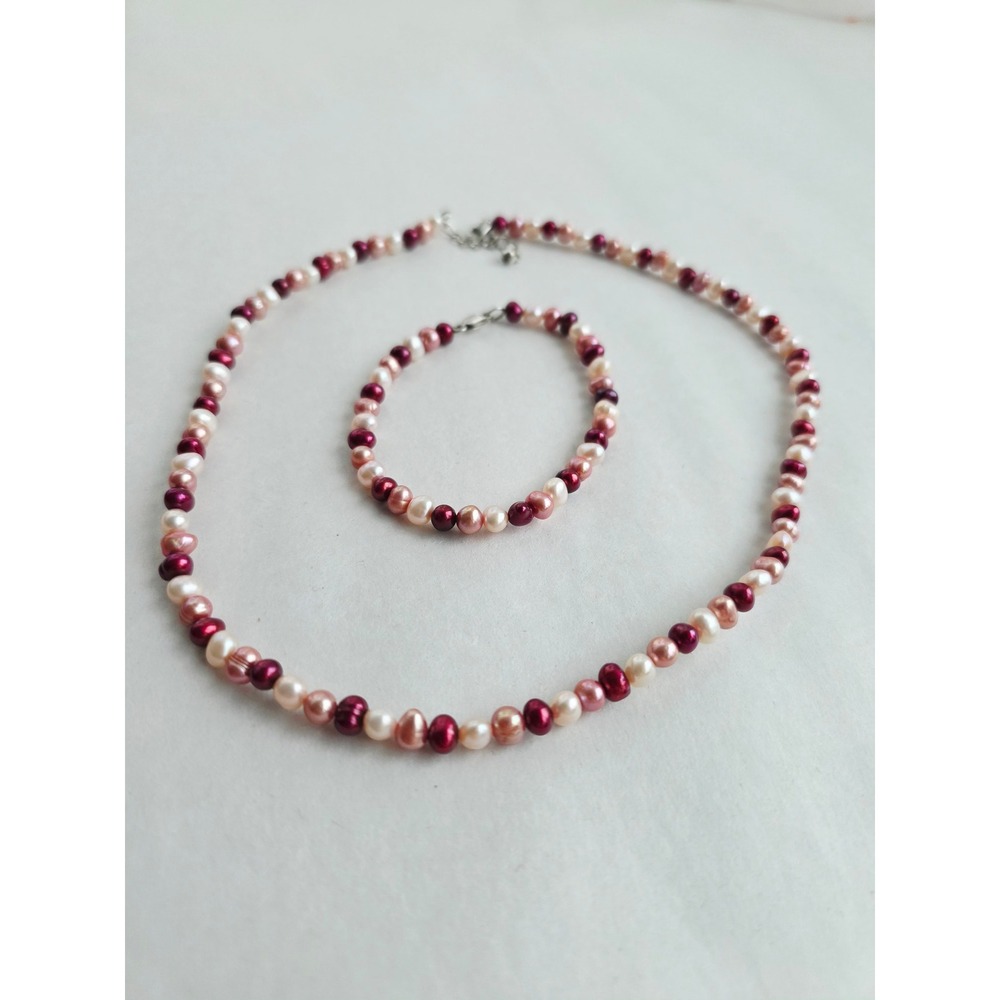 Artisan Freshwater Pearl Necklace and Bracelet Set Pink Red Sterling Silver 925